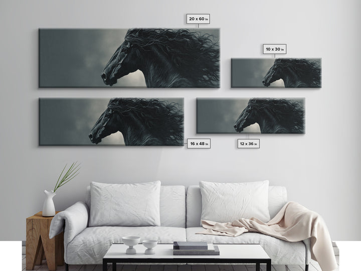 Black Horse with Flowing Mane in Fog Framed Canvas Print, Gothic Art, Gothic Decor, Living Room Decor, Fine Art, Gothic, GOT-3x1-9