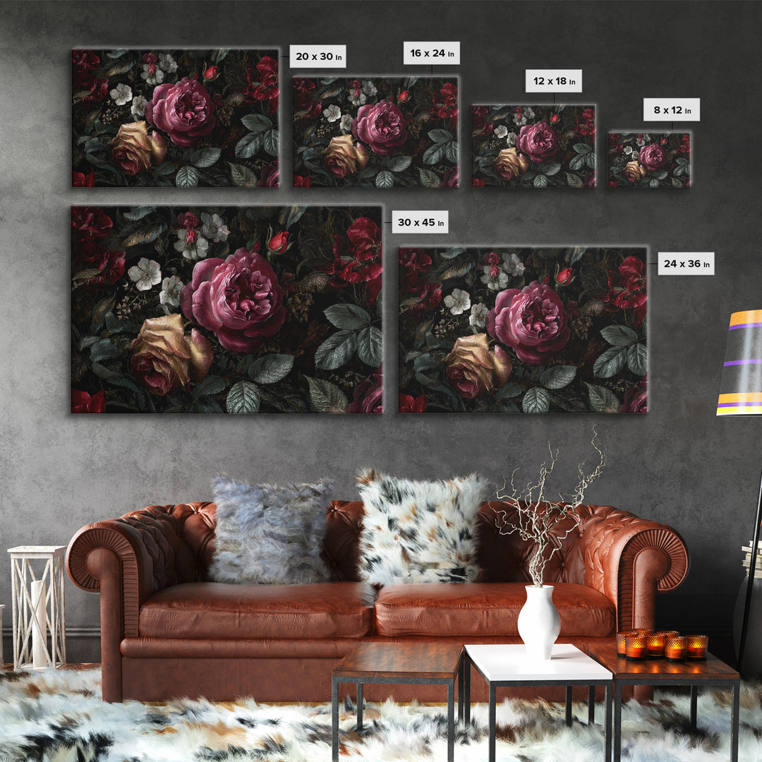 Dark Floral Wallpaper Pattern Framed Canvas Print, Gothic Art, Canvas Painting, Living Room Decor, Gothic, Fine Art Print, GOT-3x2-41