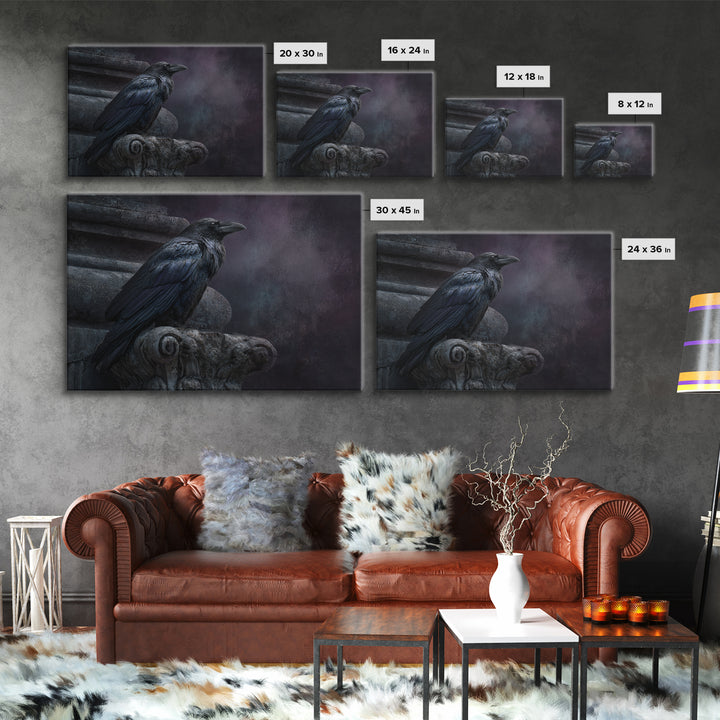 Raven on a Cathedral Gargoyle Framed Canvas Print, Gothic Art, Moody Wall Art, Living Room Decor, Fine Art, Gothic, Wall Decor, GOT-3x2-5
