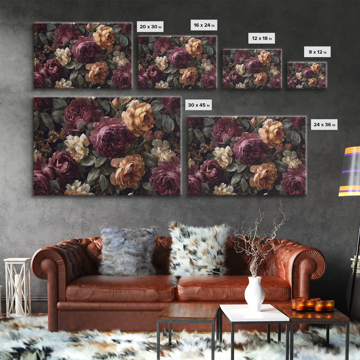 Dark Floral Wallpaper Pattern Framed Canvas Print, Gothic Art, Canvas Painting, Living Room Decor, Gothic, Fine Art Print, GOT-3x2-65