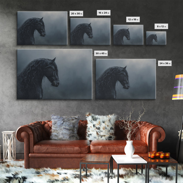 Black Horse with Flowing Mane in Fog Framed Canvas Print, Gothic Art, Gothic Wallpaper, Living Room Decor, Fine Art, Gothic, GOT-3x2-69