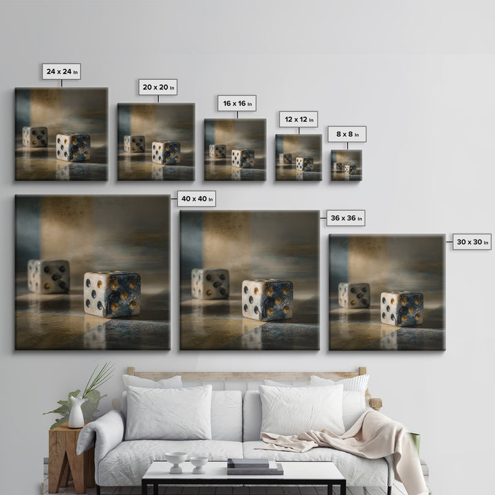 Tabletop Dice Rolling Through Dramatic Light Framed Canvas Print, Game Room Art, Gallery Decor, Game Room Decor, Fine Art, Play, GRA-1x1-65