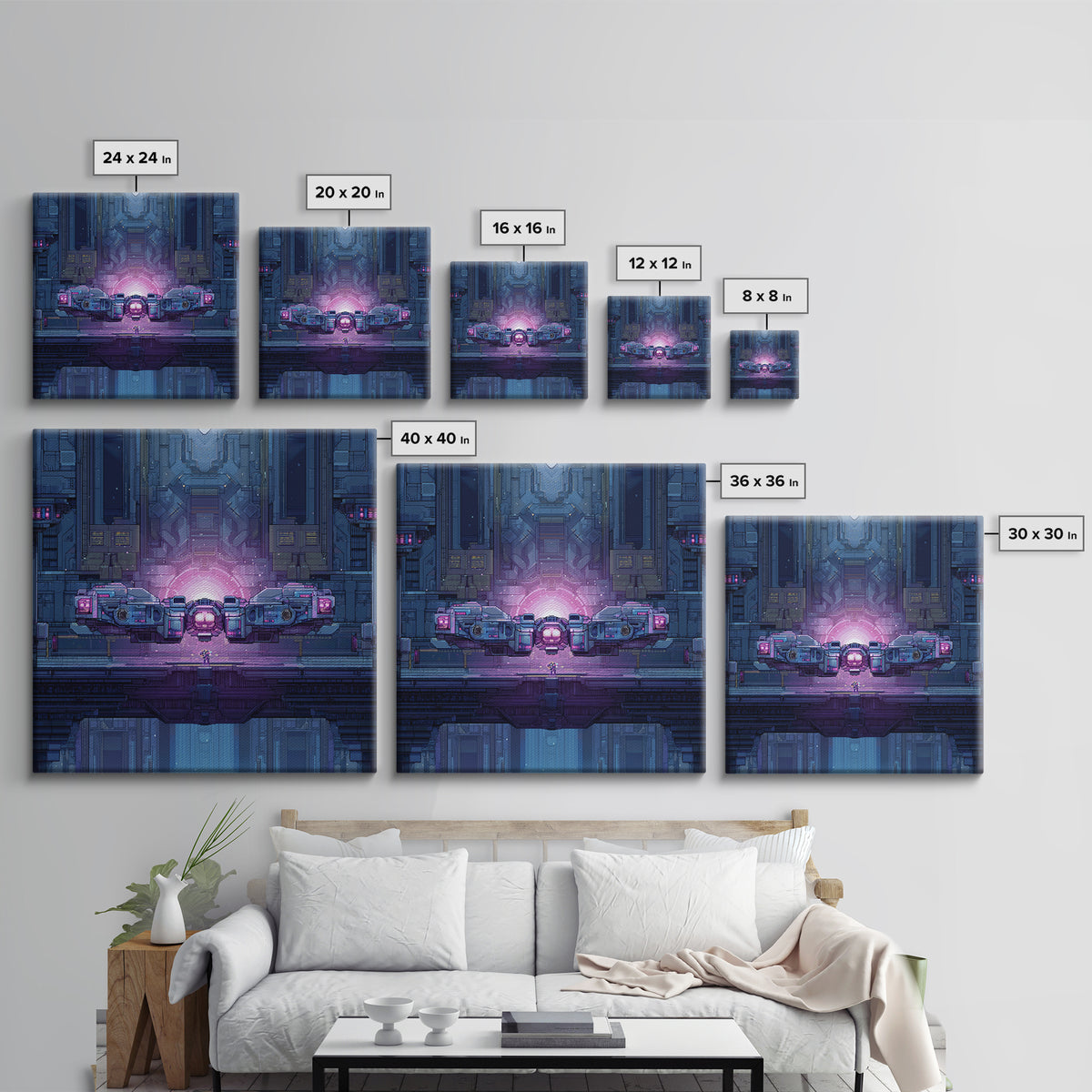Arcade Spaceship Pixel Art Scene Framed Canvas Print, Game Room Art, Gallery Decor, Game Room Decor, Fine Art, Play, GRA-1x1-67