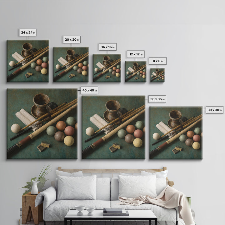 Pool Cue and Chalk on Green Felt Canvas Print, Game Room Art, Neutral Decor, Game Room Decor, Oil Painting, Play, Wall Art, GRA-1x1-82