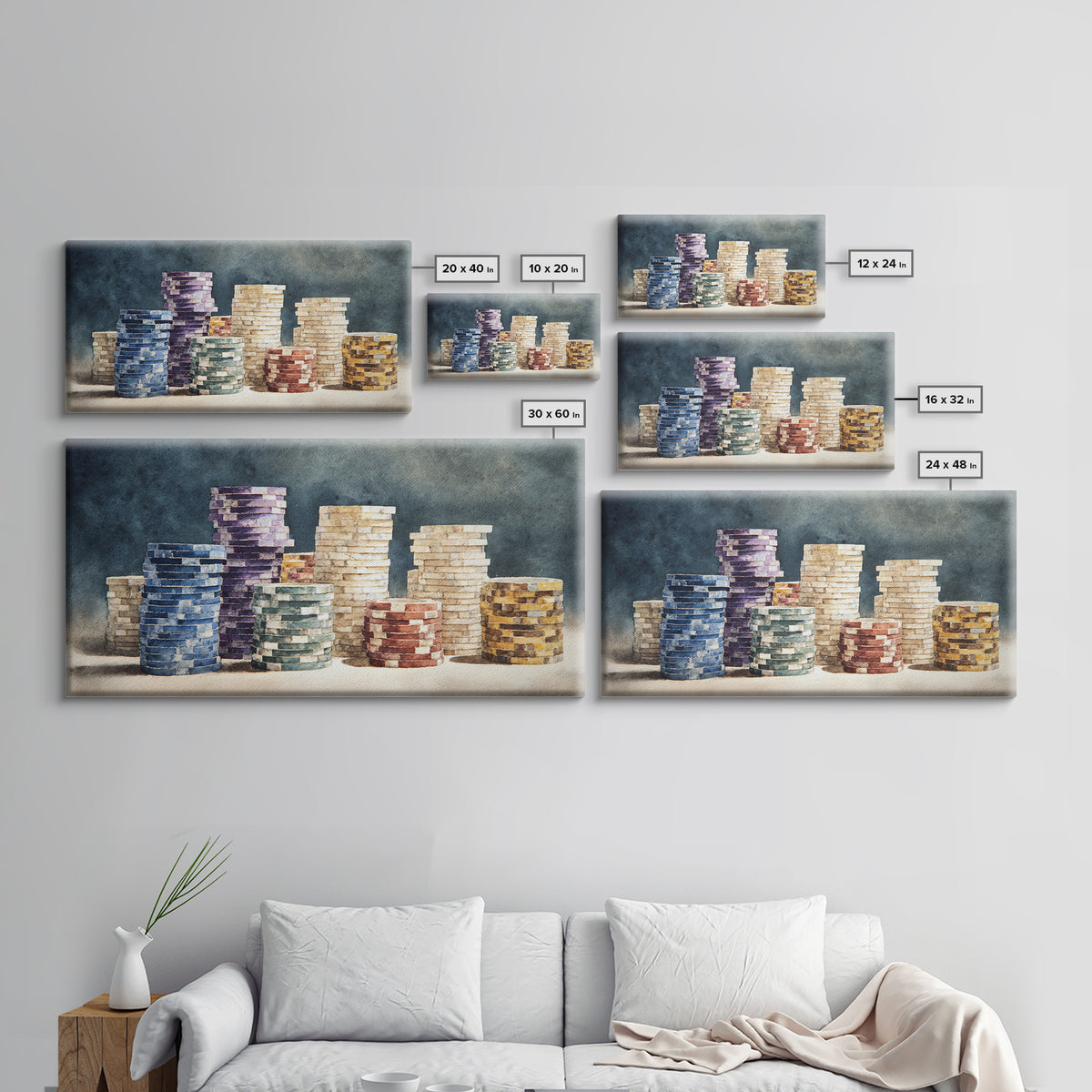 Poker Chips Stacked Like Casino Still Life Framed Canvas Print, Game Room Art, Fine Art Print, Game Room Decor, Oil Painting, GRA-2x1-27