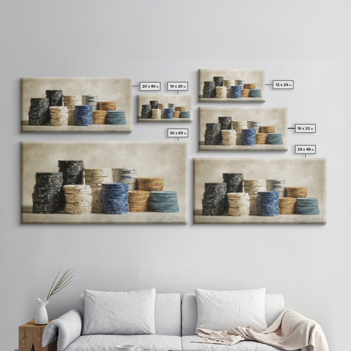 Poker Chips Stacked Like Casino Still Life Framed Canvas Print, Game Room Art, Modern Wall Art, Game Room Decor, Fine Art, Play, GRA-2x1-3