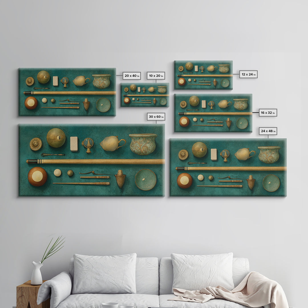 Pool Cue and Chalk on Green Felt Framed Canvas Print, Game Room Art, Luxury Decor, Game Room Decor, Play, Canvas Wall Art, GRA-2x1-30