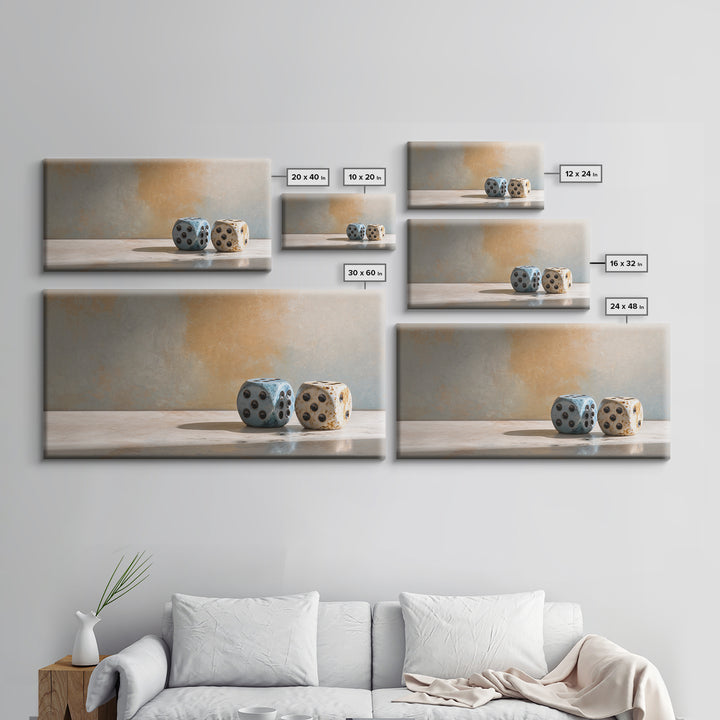 Tabletop Dice Rolling Through Dramatic Light Framed Canvas Print, Game Room Art, Minimalist Decor, Game Room Decor, Play, GRA-2x1-37