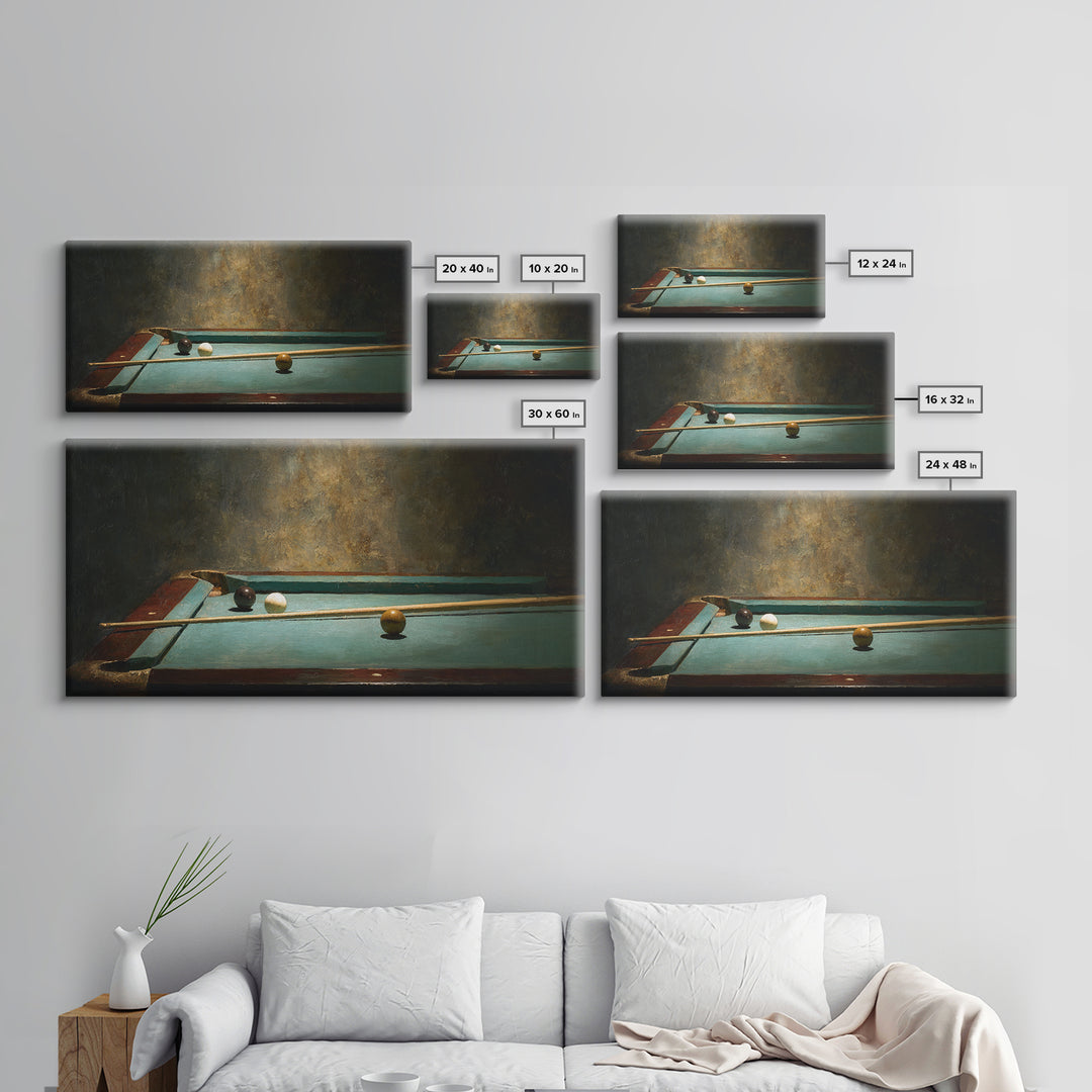 Pool Cue and Chalk on Green Felt Framed Canvas Print, Game Room Art, Luxury Decor, Game Room Decor, Play, Canvas Wall Art, GRA-2x1-6