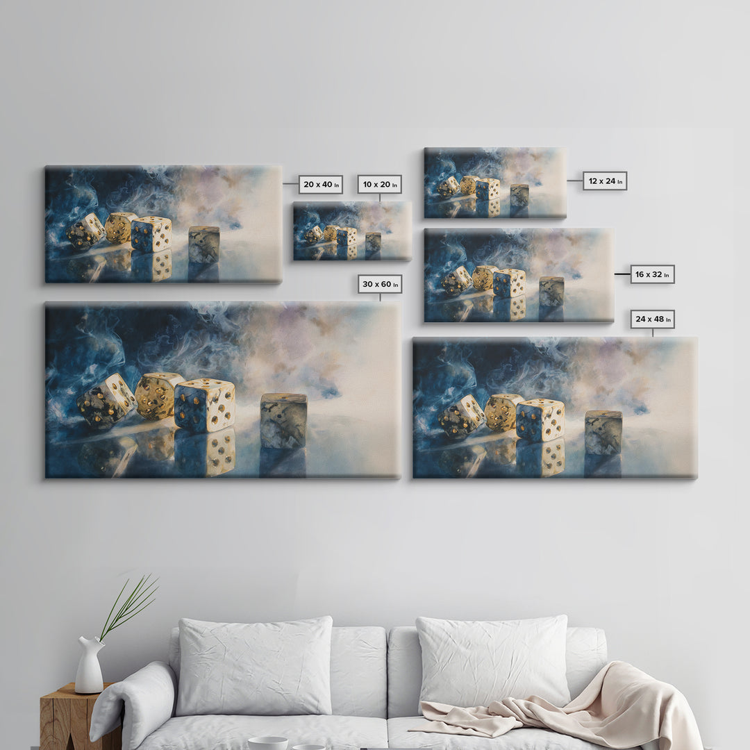 Tabletop Dice Rolling Through Dramatic Light Canvas Print, Game Room Art, Classroom Decor, Game Room Decor, Fine Art, Play, GRA-2x1-61