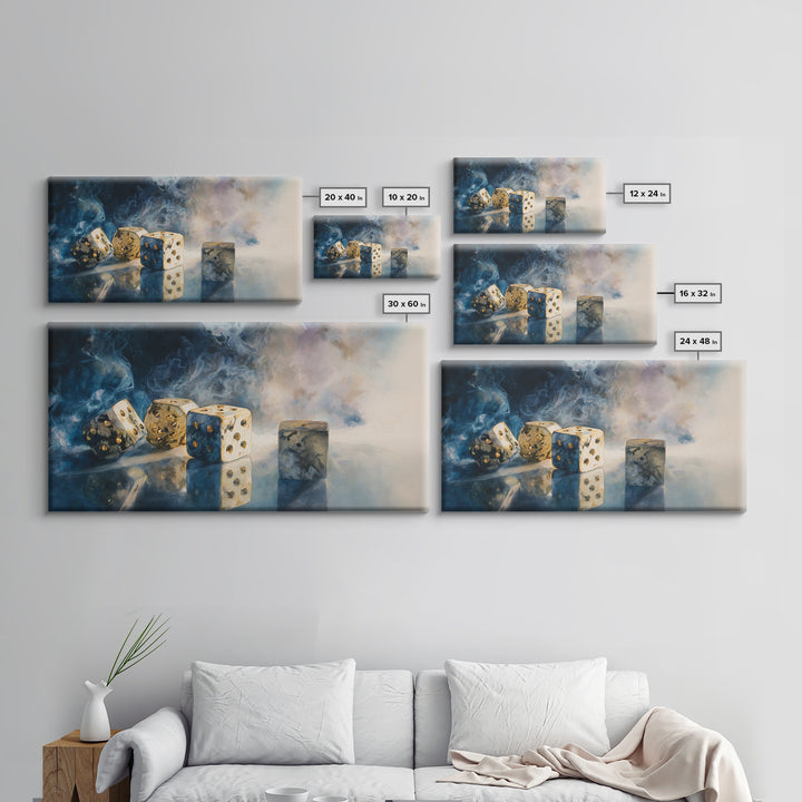 Tabletop Dice Rolling Through Dramatic Light Canvas Print, Game Room Art, Classroom Decor, Game Room Decor, Fine Art, Play, GRA-2x1-61