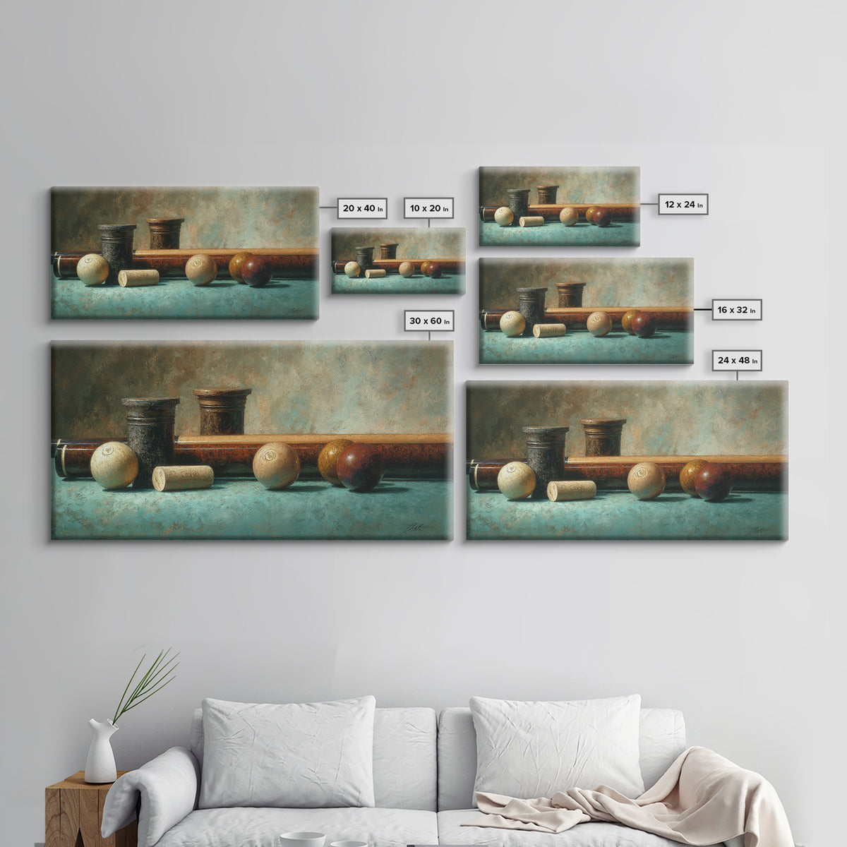 Pool Cue and Chalk on Green Felt Canvas Print, Game Room Art, Contemporary Art, Game Room Decor, Play, Bedroom Wall Art, GRA-2x1-78