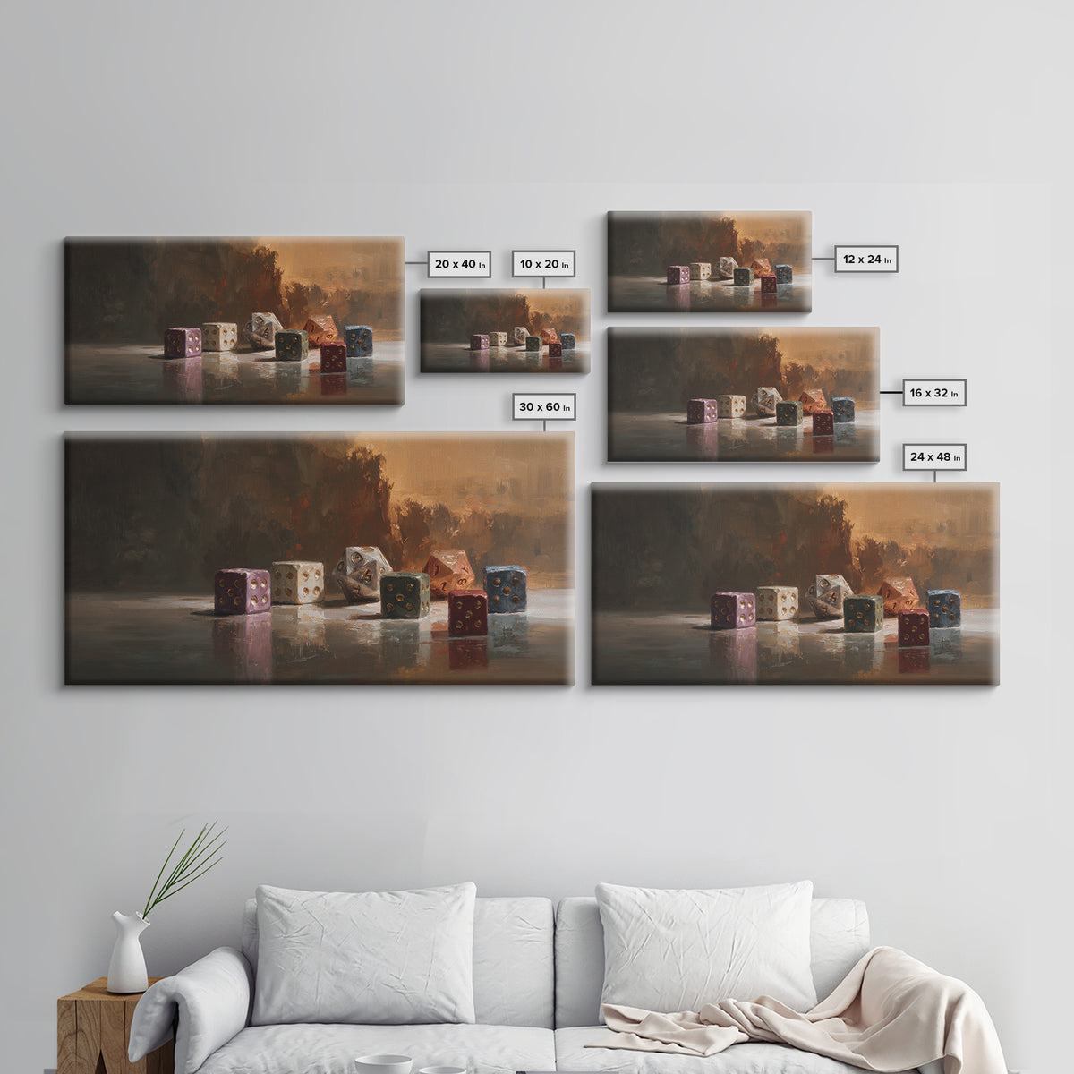 Tabletop Dice Rolling Through Dramatic Light Framed Canvas Print, Game Room Art, Living Room Decor, Game Room Decor, Play, GRA-2x1-85