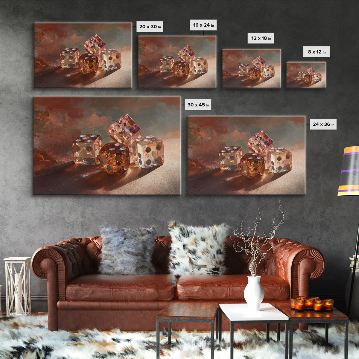 Tabletop Dice Rolling Through Dramatic Light Framed Canvas Print, Game Room Art, Unique Home Decor, Game Room Decor, Play, GRA-3x2-45