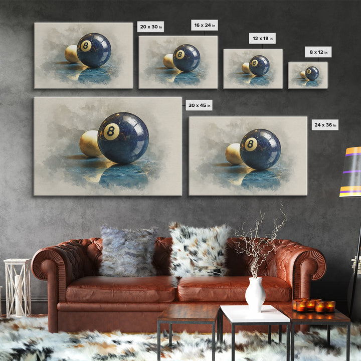 Billiards Eight Ball Framed Canvas Print, Game Room Art, Modern Wall Art, Game Room Decor, Fine Art, Play, Unique Home Decor, GRA-3x2-6