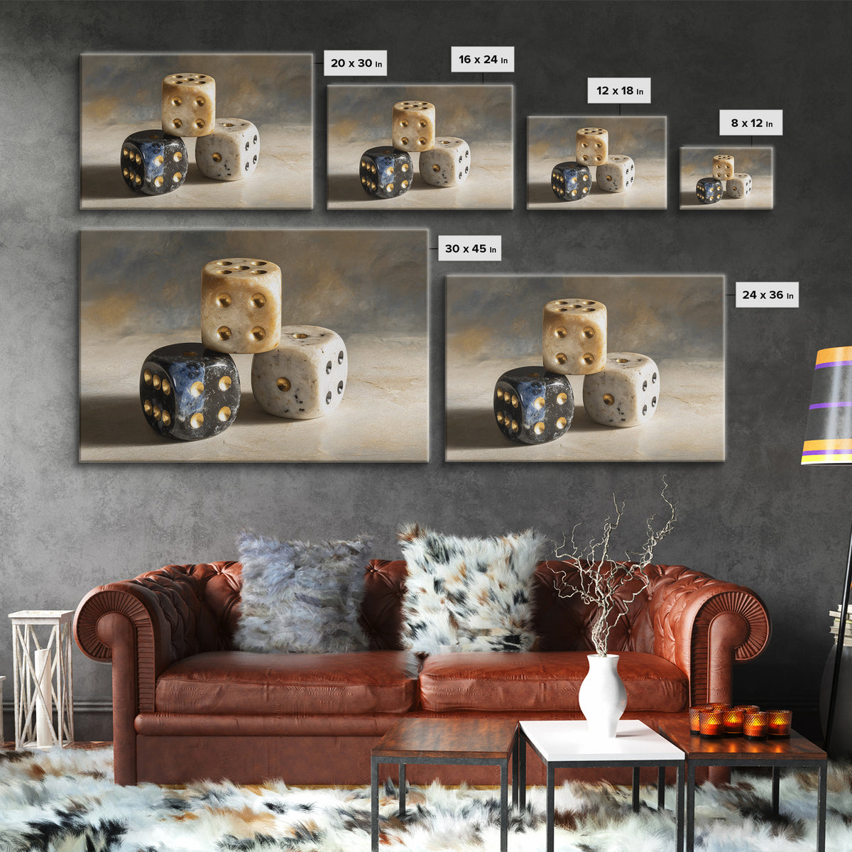 Tabletop Dice Rolling Through Dramatic Light Framed Canvas Print, Game Room Art, Unique Home Decor, Game Room Decor, Play, GRA-3x2-69
