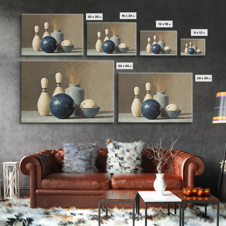 Bowling Ball and Pins Framed Canvas Print, Game Room Art, Living Room Art, Game Room Decor, Fine Art, Play, Neutral Decor, GRA-3x2-90