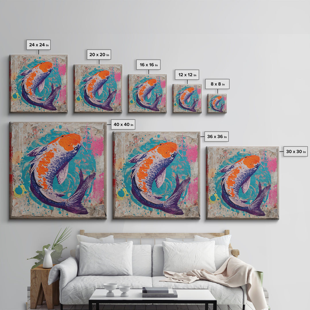 Spray Painted Koi Fish on Brick Texture Framed Canvas Print, Graffiti Art, Canvas Wall Art, Living Room Decor, Watercolor Art, GRF-1x1-16
