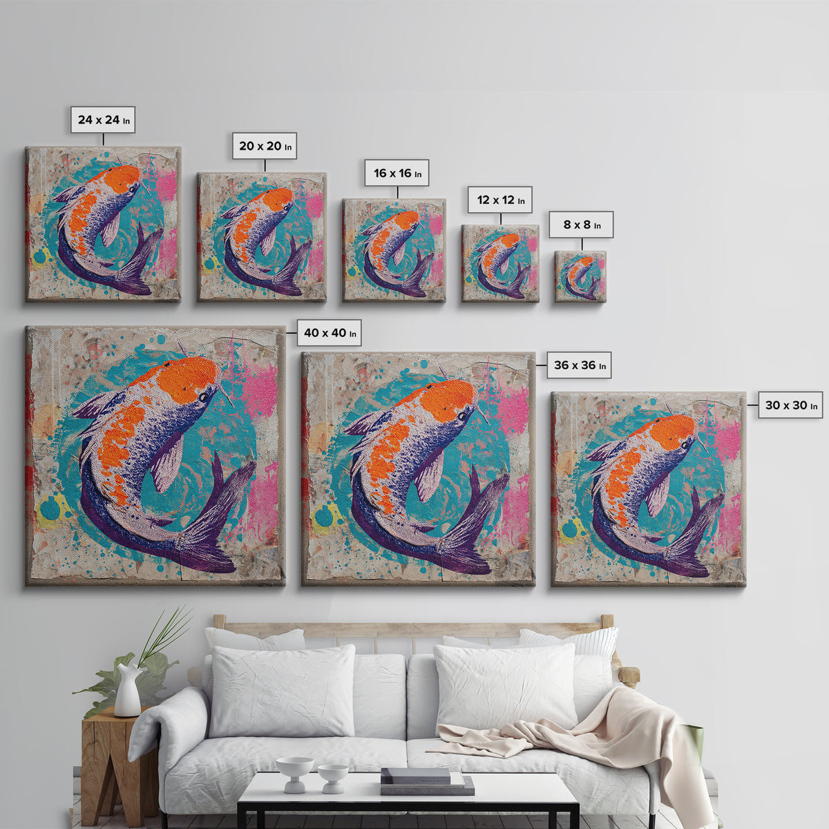 Spray Painted Koi Fish on Brick Texture Framed Canvas Print, Graffiti Art, Canvas Wall Art, Living Room Decor, Watercolor Art, GRF-1x1-16