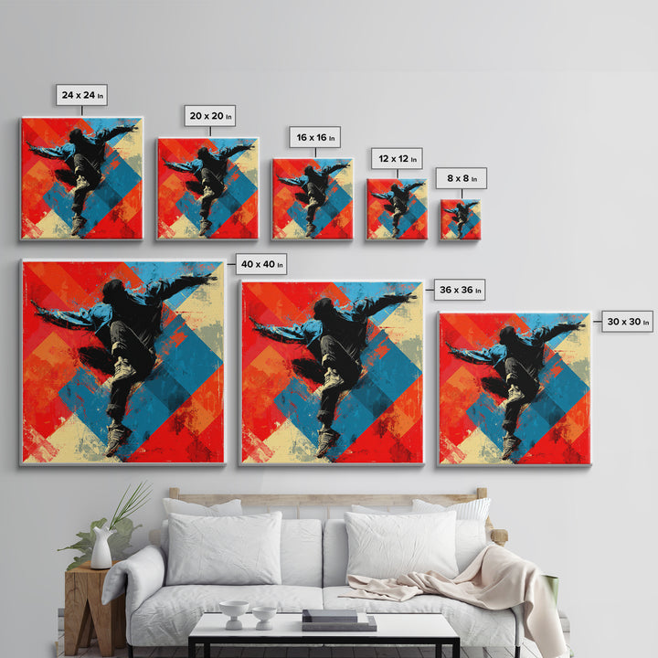 Breakdancer Silhouette over Bright Paint Splashes Framed Canvas Print, Graffiti Art, 3d Wall Art, Living Room Decor, Street, GRF-1x1-2