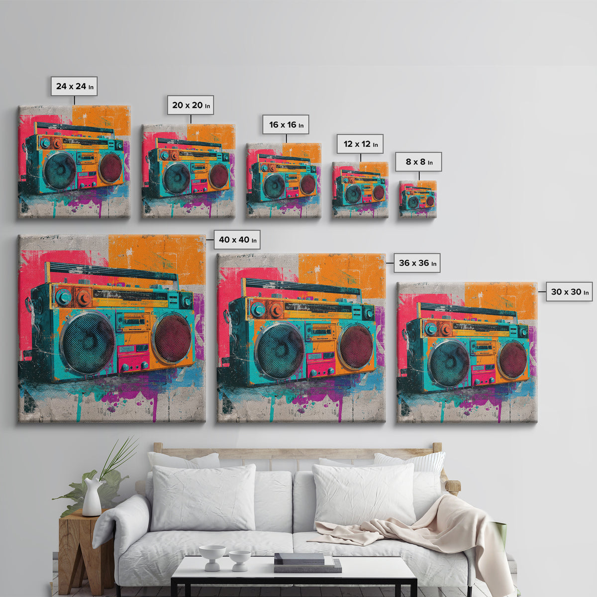 Boombox and Cassette Tape Framed Canvas Print, Graffiti Art, Gallery Decor, Living Room Decor, Fine Art, Street, Wall Art, GRF-1x1-38