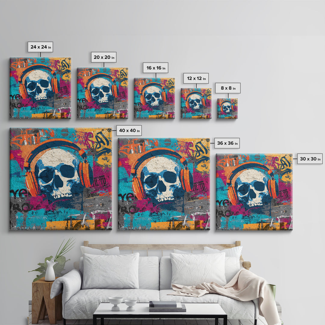 Skull and Headphones Mural Composition Framed Canvas Print, Graffiti Art, Abstract Art, Living Room Decor, Fine Art, Street, GRF-1x1-47