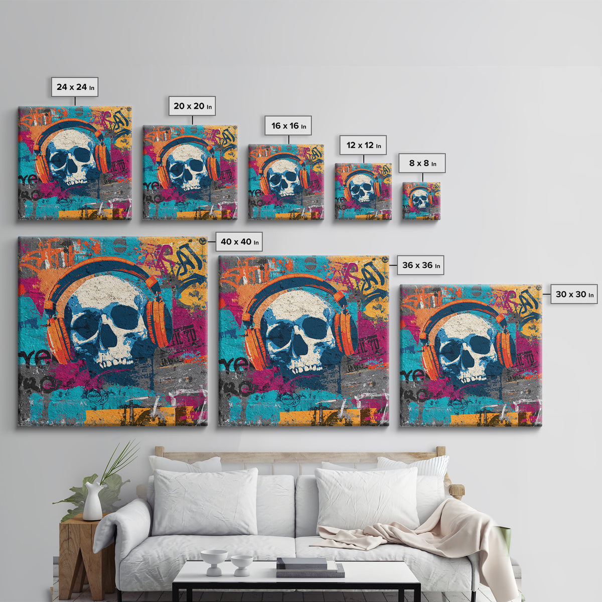 Skull and Headphones Mural Composition Framed Canvas Print, Graffiti Art, Abstract Art, Living Room Decor, Fine Art, Street, GRF-1x1-47
