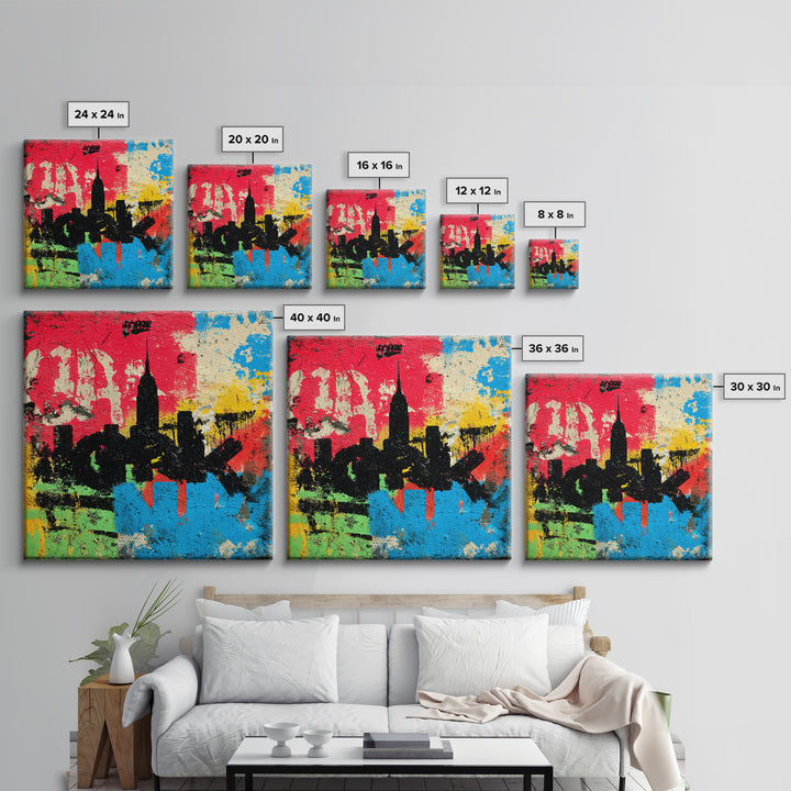 Paint Drips Forming a Skyline Silhouette Framed Canvas Print, Graffiti Art, Boho Decor, Living Room Decor, Fine Art, Street, GRF-1x1-61