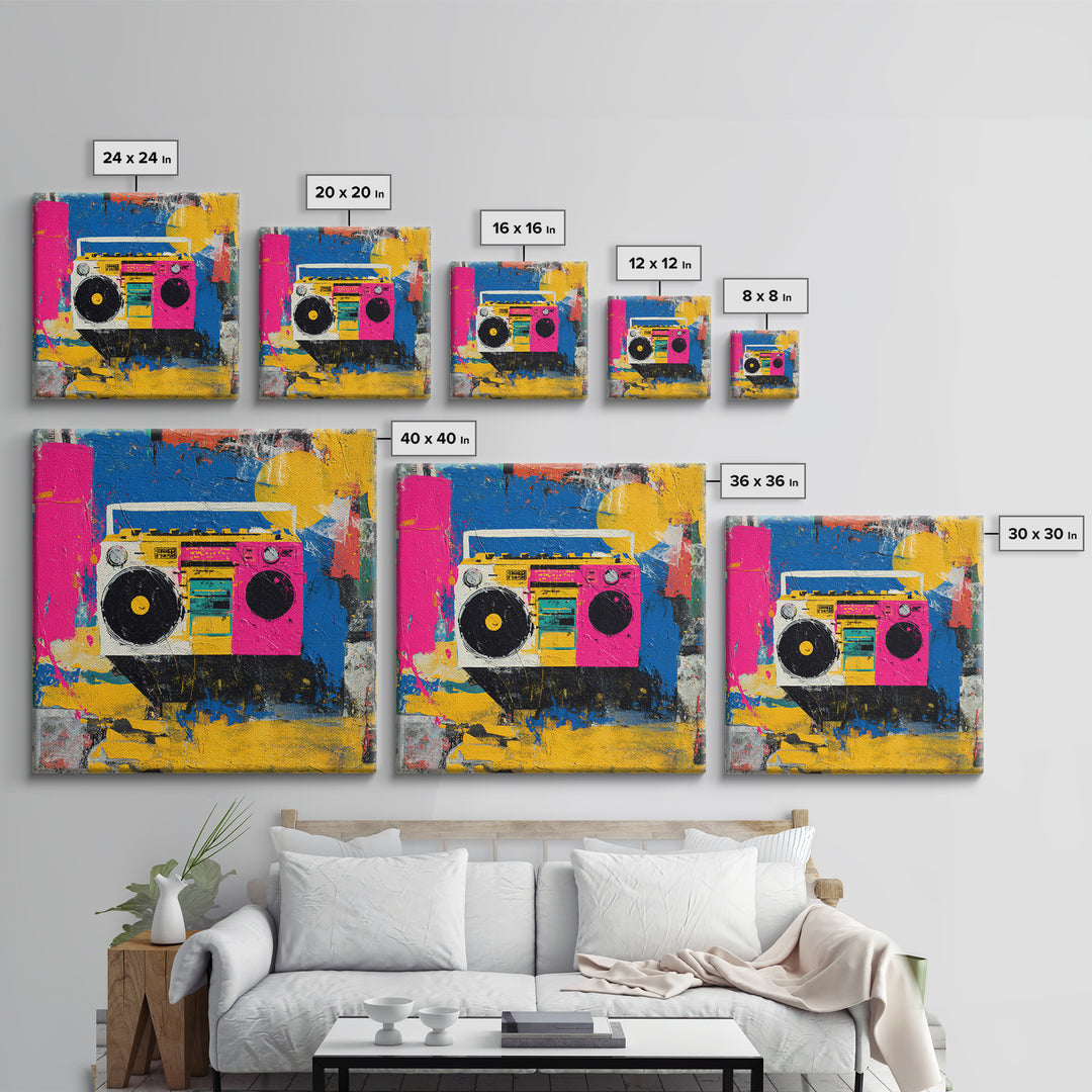 Boombox and Cassette Tape Framed Canvas Print, Graffiti Art, Gallery Decor, Living Room Decor, Fine Art, Street, Wall Art, GRF-1x1-62