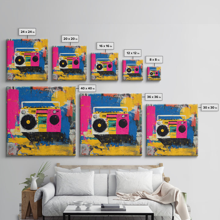 Boombox and Cassette Tape Framed Canvas Print, Graffiti Art, Gallery Decor, Living Room Decor, Fine Art, Street, Wall Art, GRF-1x1-62