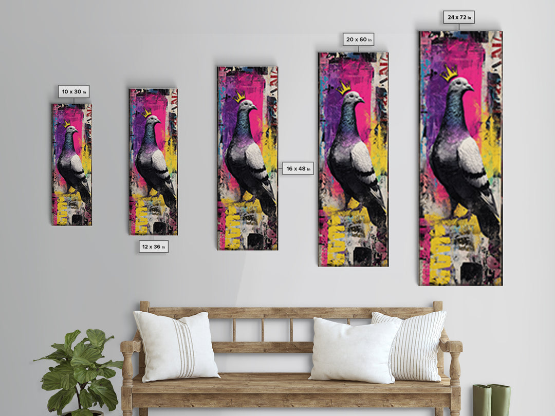 City Pigeon with Crown in Street Art Framed Canvas Print, Graffiti Art, Framed Art, Living Room Decor, Fine Art, Street, GRF-1x3-47