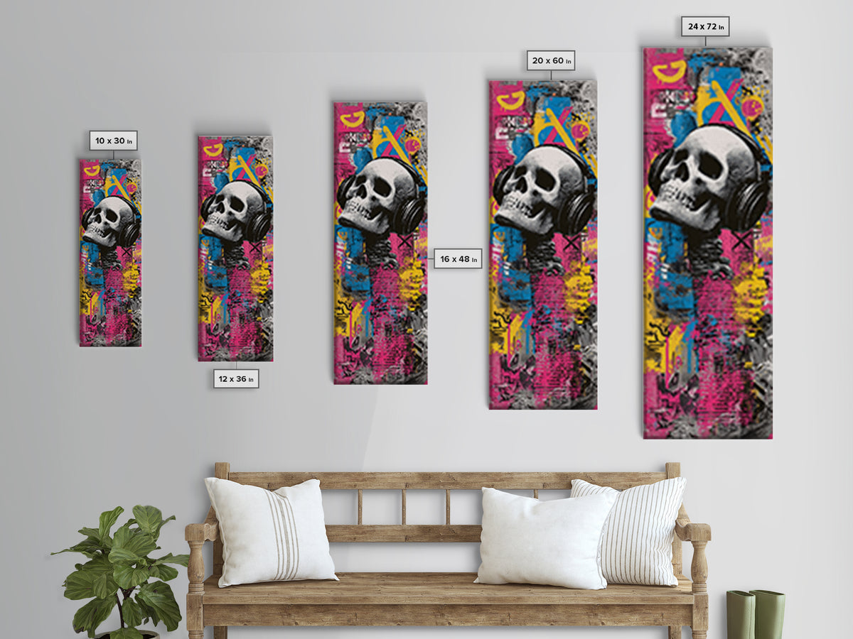 Skull and Headphones Mural Composition Canvas Print, Graffiti Art, 3d Wall Art, Living Room Decor, Street, Statement Artwork, GRF-1x3-59