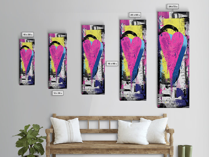 Neon Heart Painted on Cracked Concrete Texture Canvas Print, Graffiti Art, Luxury Decor, Living Room Decor, Street, GRF-1x3-66