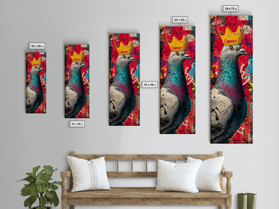 City Pigeon with Crown in Street Art Framed Canvas Print, Graffiti Art, Gallery Decor, Living Room Decor, Fine Art, Street, GRF-1x3-71