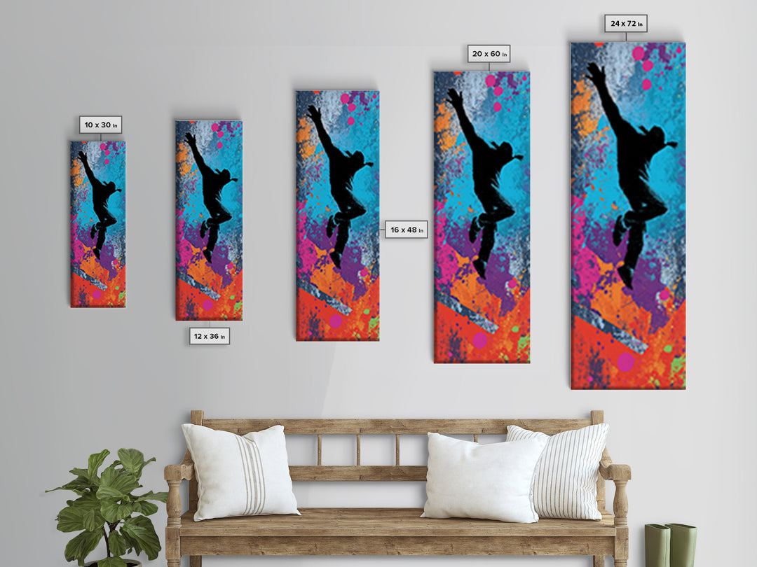Breakdancer Silhouette over Bright Paint Splashes Canvas Print, Graffiti Art, Contemporary Art, Living Room Decor, Street, GRF-1x3-86