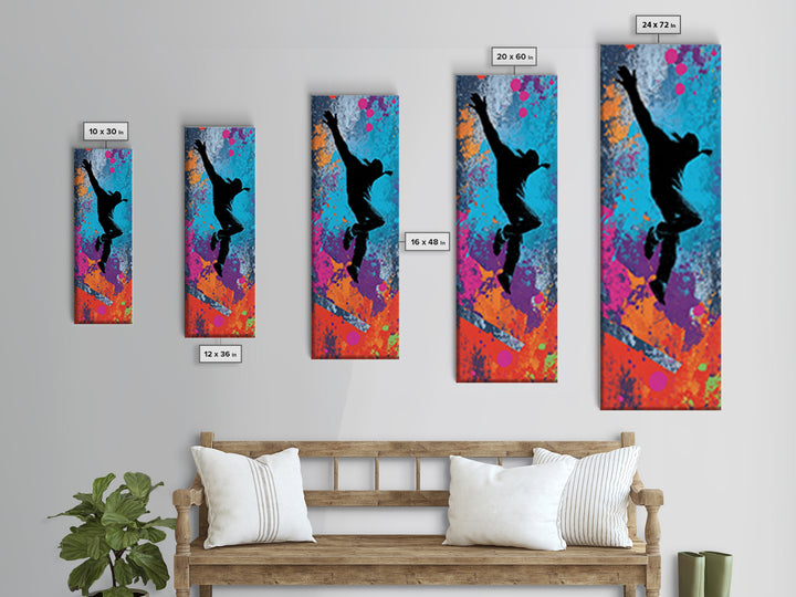 Breakdancer Silhouette over Bright Paint Splashes Canvas Print, Graffiti Art, Contemporary Art, Living Room Decor, Street, GRF-1x3-86