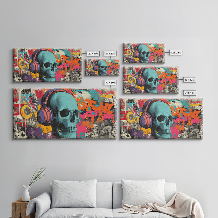 Skull and Headphones Mural Composition Framed Canvas Print, Graffiti Art, Graffiti, Living Room Decor, Fine Art, Street, GRF-2x1-19