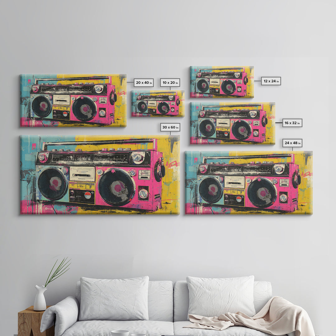 Boombox and Cassette Tape Framed Canvas Print, Graffiti Art, Contemporary Art, Living Room Decor, Fine Art, Street, GRF-2x1-34
