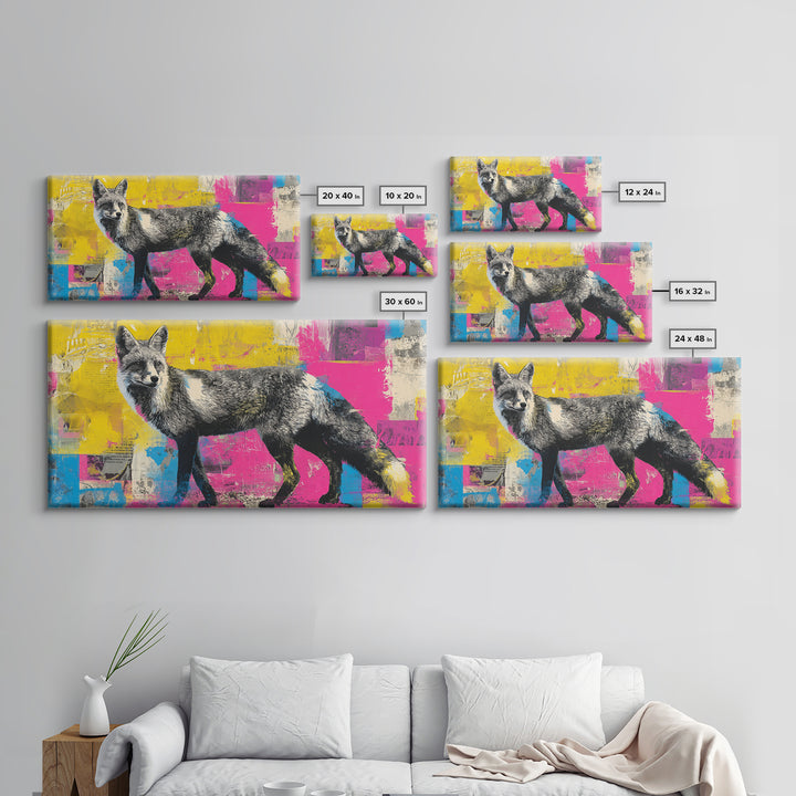 Urban Fox with Layered Sticker Collage Framed Canvas Print, Graffiti Art, Painting, Living Room Decor, Fine Art, Street, GRF-2x1-37