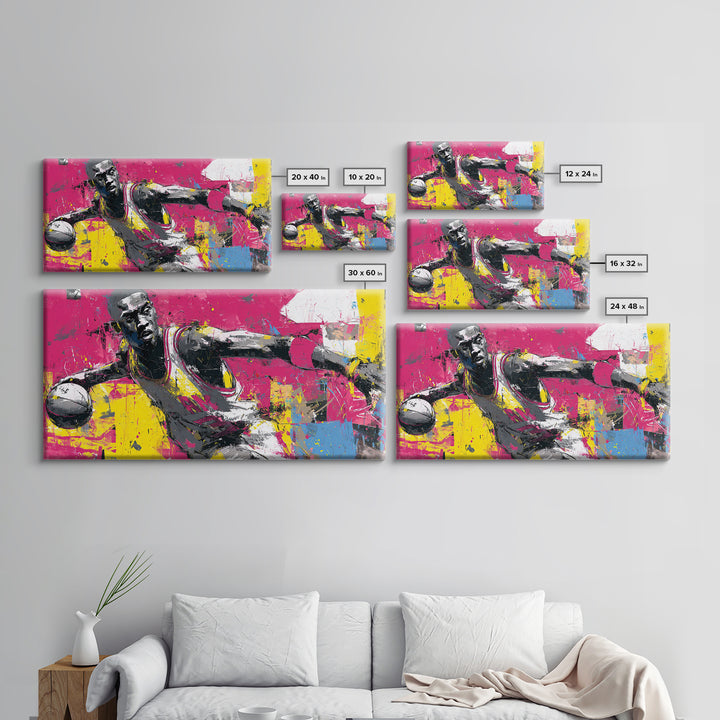 Basketball Player in Street Mural Energy Framed Canvas Print, Graffiti Art, Poster, Living Room Decor, Fine Art, Street, GRF-2x1-40