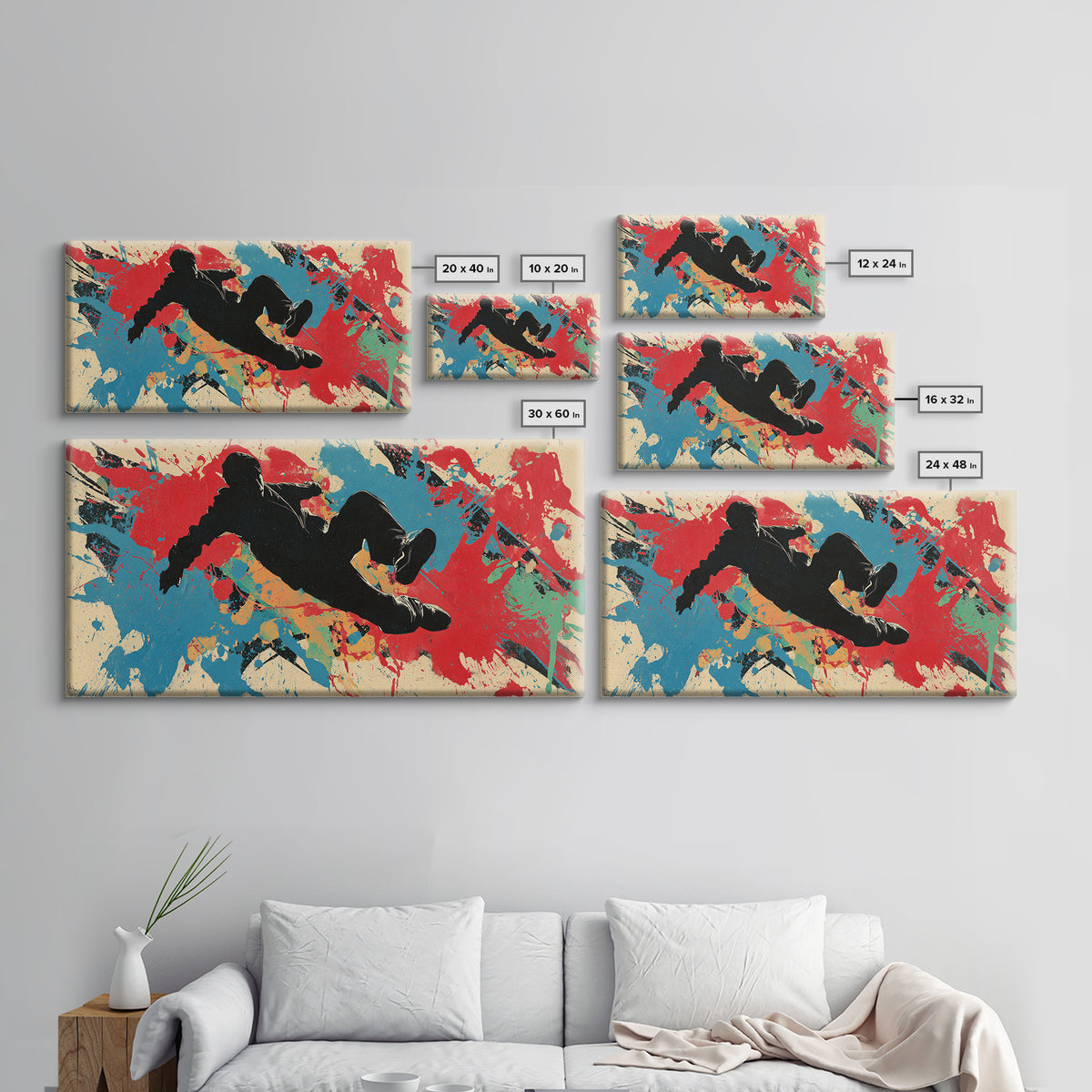 Breakdancer Silhouette over Bright Paint Splashes Framed Canvas Print, Graffiti Art, Poster, Living Room Decor, Street, GRF-2x1-46