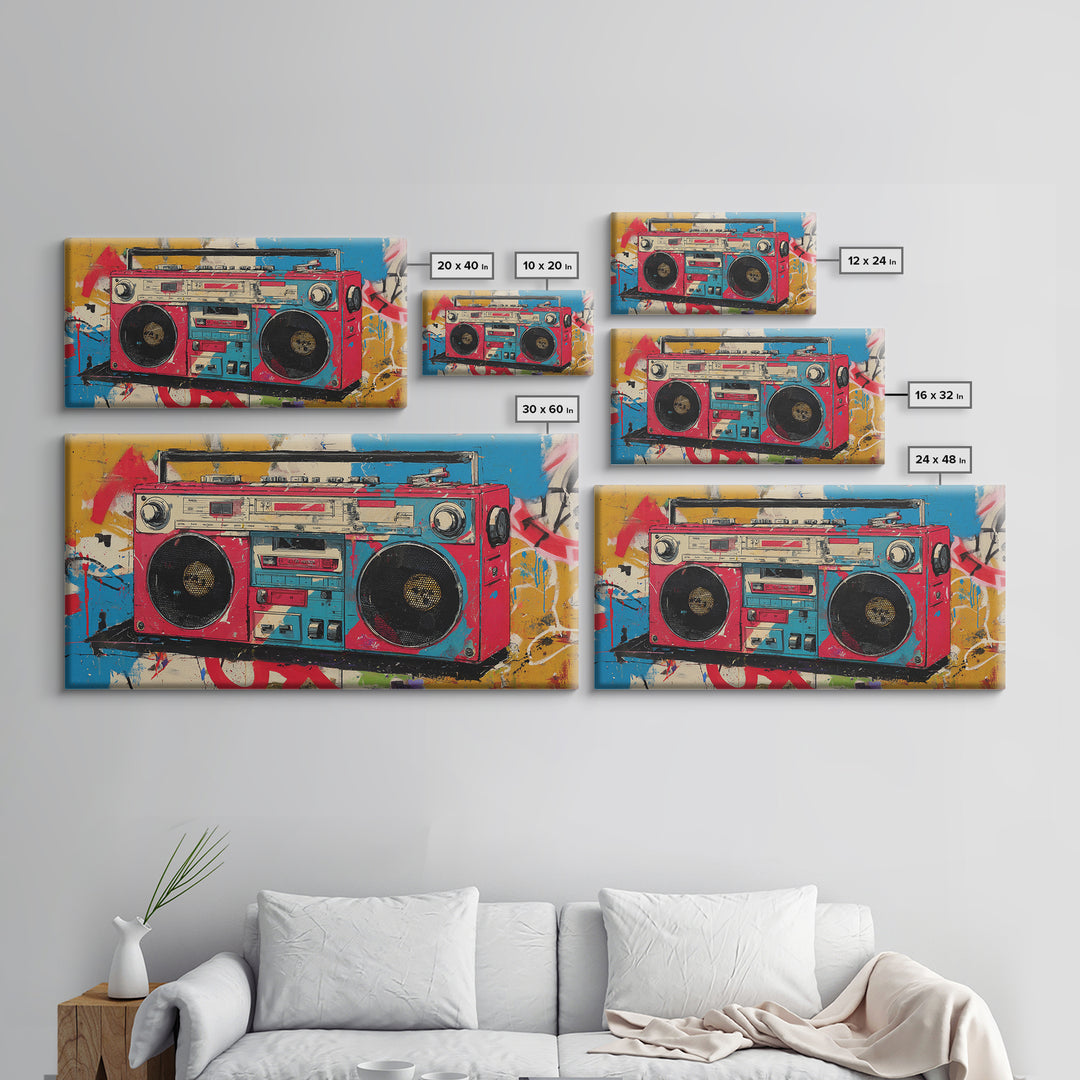 Boombox and Cassette Tape Canvas Print, Graffiti Art, Painting, Living Room Decor, Fine Art, Street, Canvas Art, Bedroom Decor, GRF-2x1-58