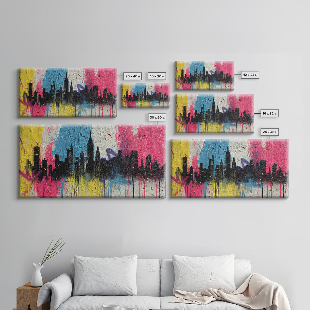 Paint Drips Forming a Skyline Silhouette Framed Canvas Print, Graffiti Art, Wall Decor, Living Room Decor, Abstract Art, Street, GRF-2x1-9