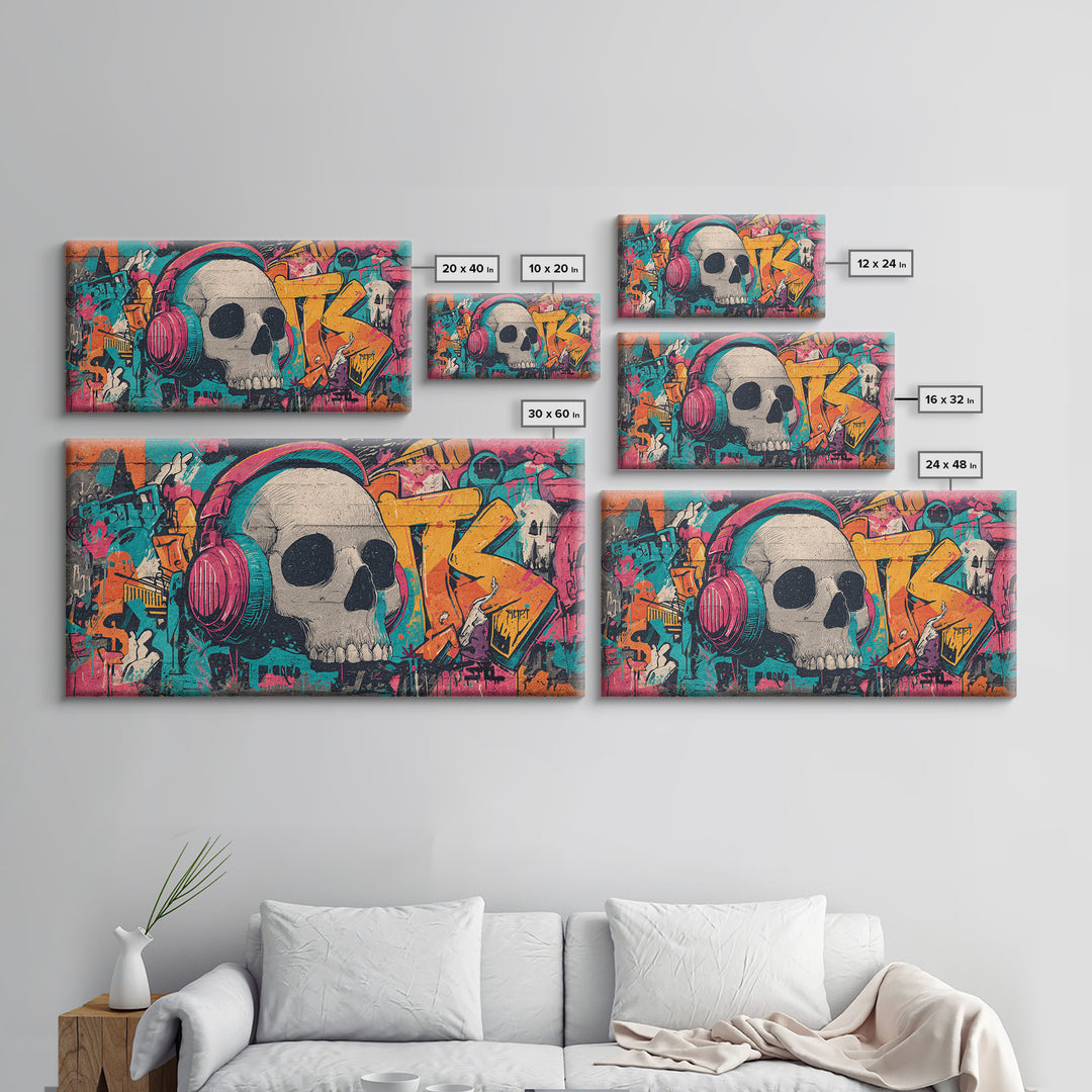 Skull and Headphones Mural Composition Framed Canvas Print, Graffiti Art, Mid Century Modern, Living Room Decor, Street, GRF-2x1-91