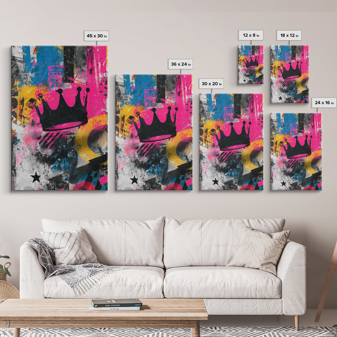 Abstract Crown and Stars Framed Canvas Print, Graffiti Art, Art Print, Living Room Decor, Abstract Art, Street, Wall Hangings, GRF-2x3-3