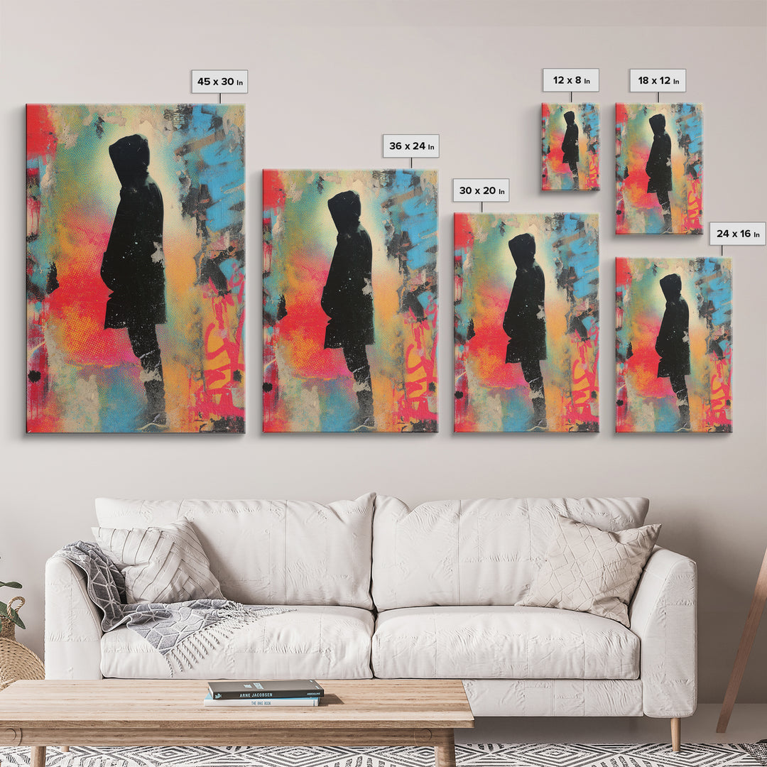Masked Street Artist Silhouette Framed Canvas Print, Graffiti Art, Minimalist Decor, Living Room Decor, Fine Art, Street, GRF-2x3-30