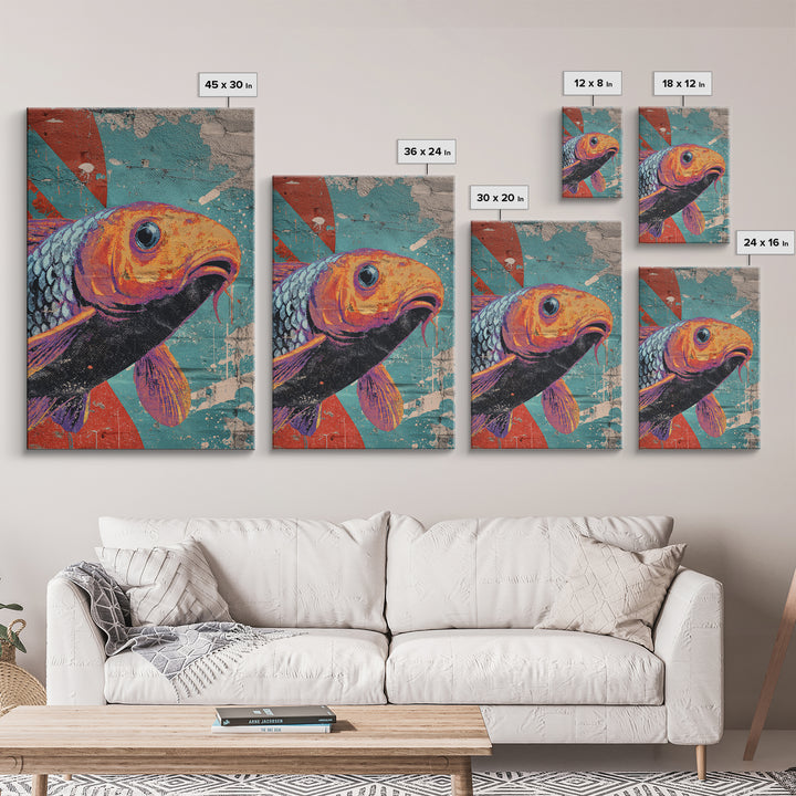 Spray Painted Koi Fish on Brick Texture Framed Canvas Print, Graffiti Art, Living Room Decor, Watercolor Art, Street, GRF-2x3-48