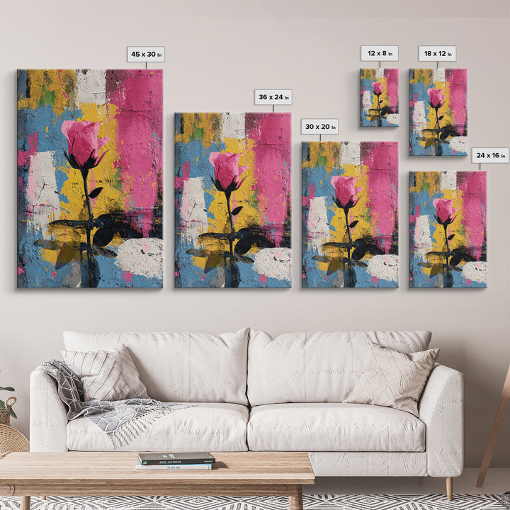 Graffiti Rose Blooming from Concrete Crack Framed Canvas Print, Graffiti Art, Original Art, Living Room Decor, Oil Painting, GRF-2x3-53