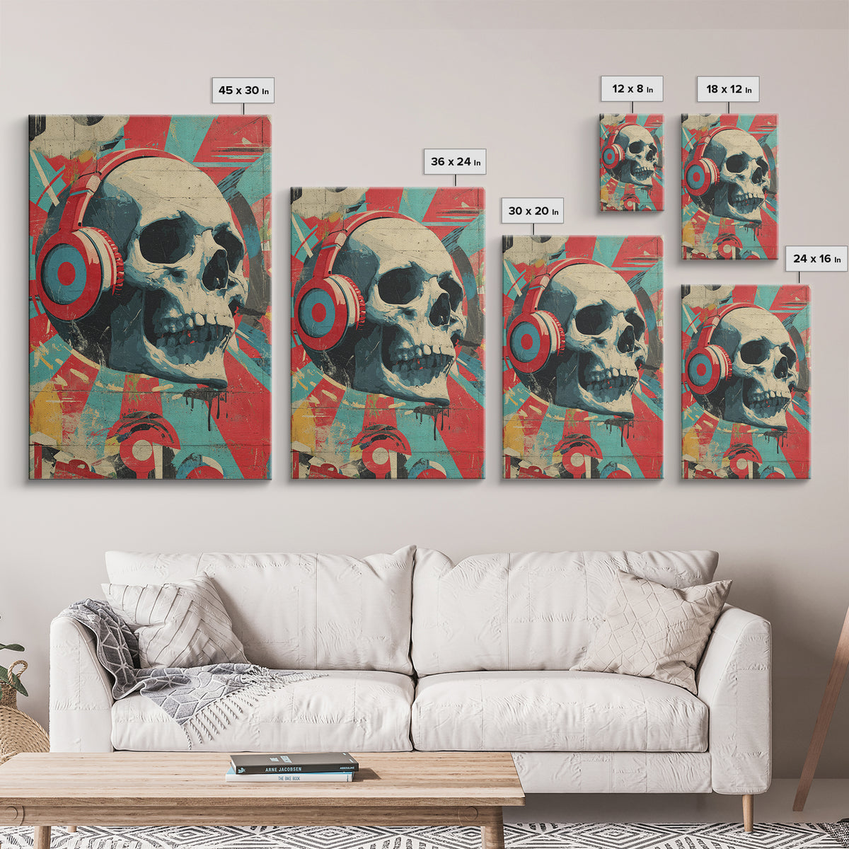 Skull and Headphones Mural Composition Framed Canvas Print, Graffiti Art, Wall Hangings, Living Room Decor, Fine Art, Street, GRF-2x3-55