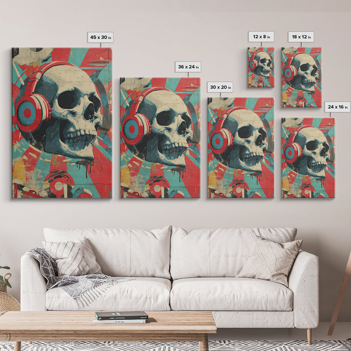 Skull and Headphones Mural Composition Framed Canvas Print, Graffiti Art, Wall Hangings, Living Room Decor, Fine Art, Street, GRF-2x3-55